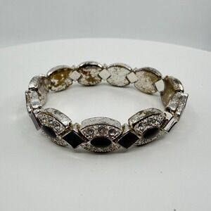 Black Stone Rhinestone Stretch Bracelet - Silver Tone Boho Statement